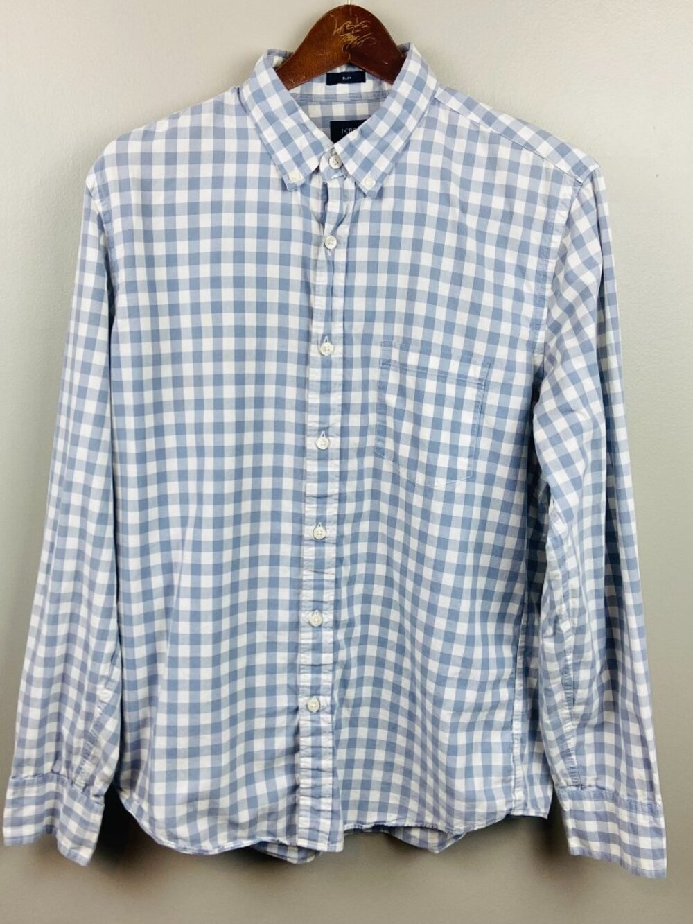 J Crew Factory Mens Blue & White Checkered Slim Fit Button Down Size Large